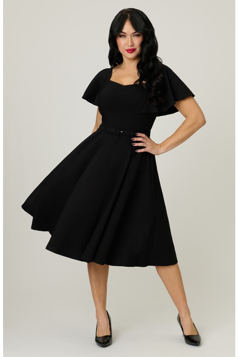 Flutter Sleeve Belted Swing Dress, Main, color, Solid Black