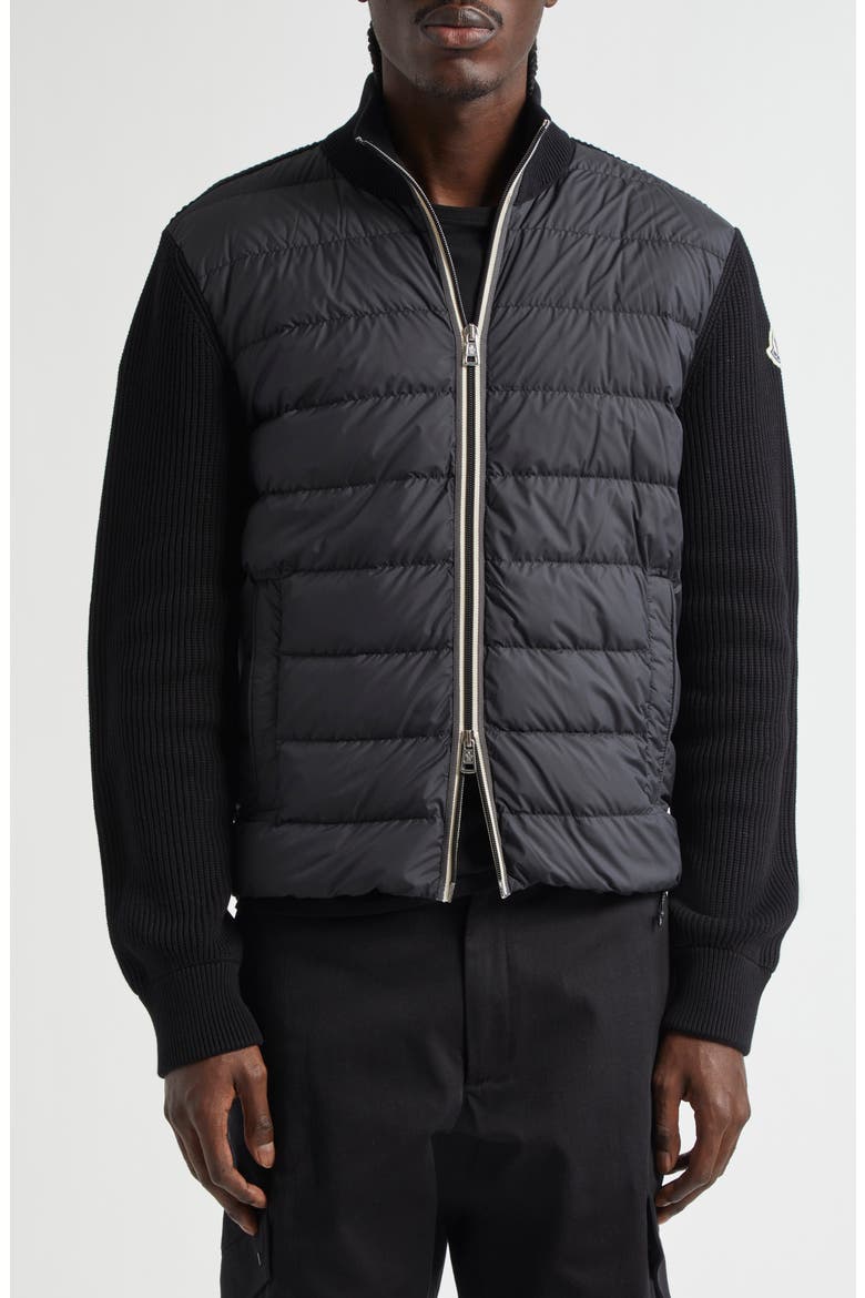 Quilted Down & Cotton Knit Cardigan, Main, color, BLACK