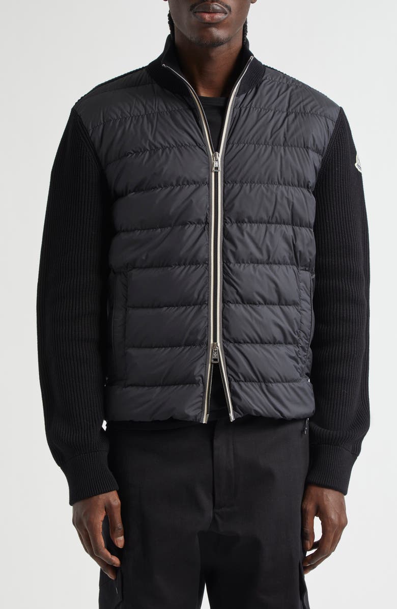 Moncler Quilted Down & Cotton Knit Cardigan, Main, color, Black