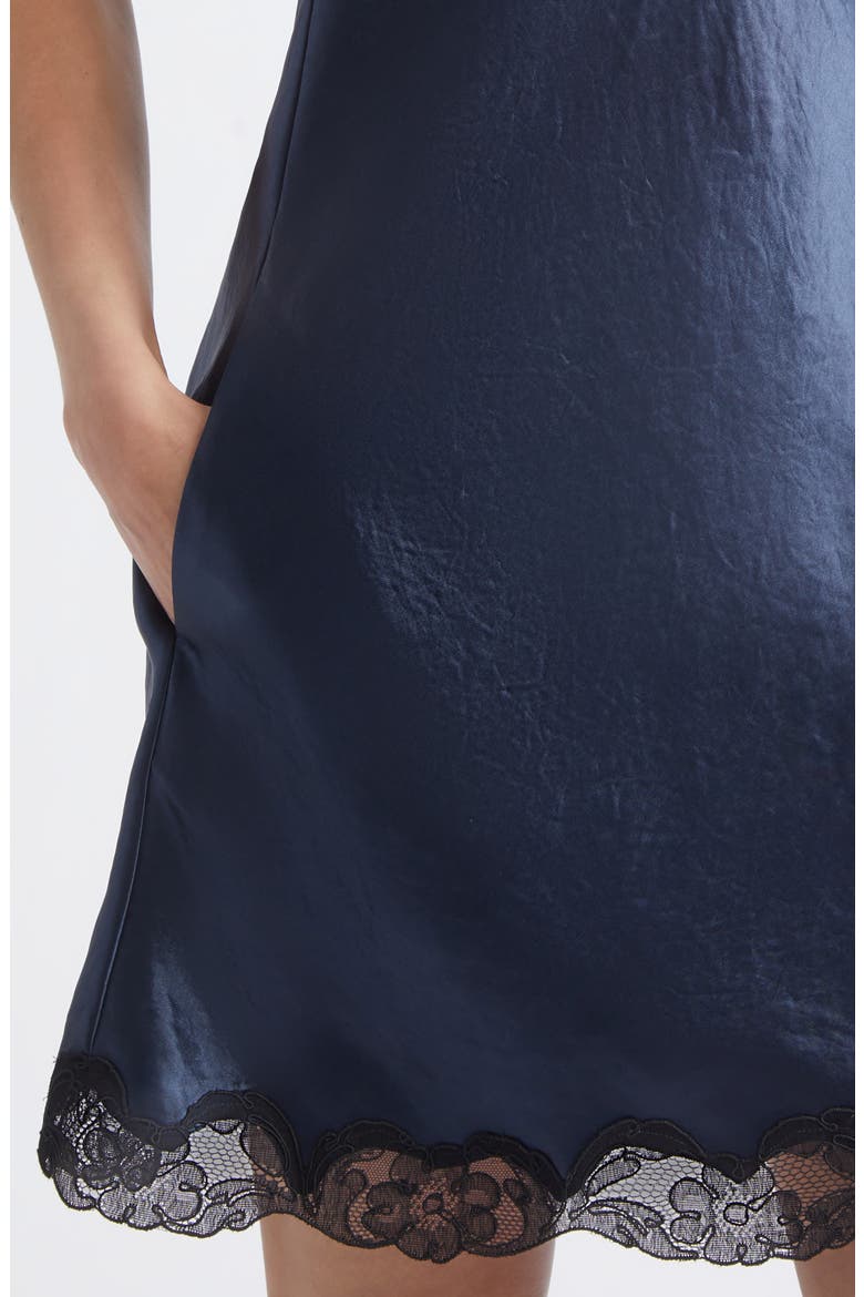 Scoop Lace Trim Satin Bias Cut Dress, Alternate, color, NAVY