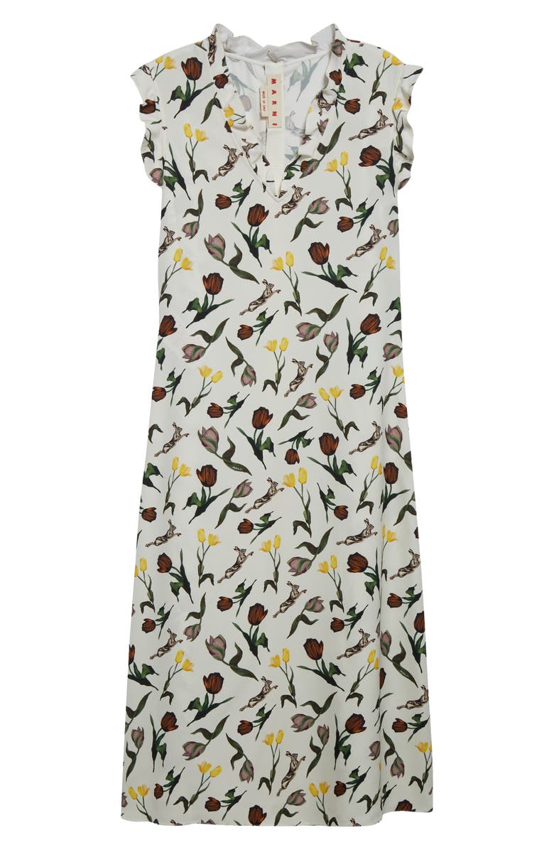 Marni Tulips & Hares Ruffle Satin Midi Dress, Alternate, color, Limestone