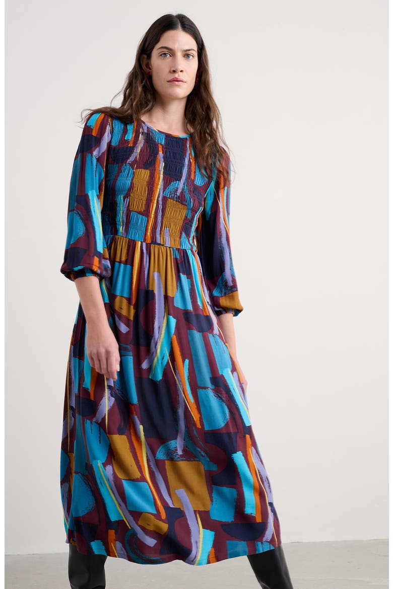 Meadowsweet Geo Print Smocked Midi Dress, Alternate, color, ZENNOR STACK DARK RYE