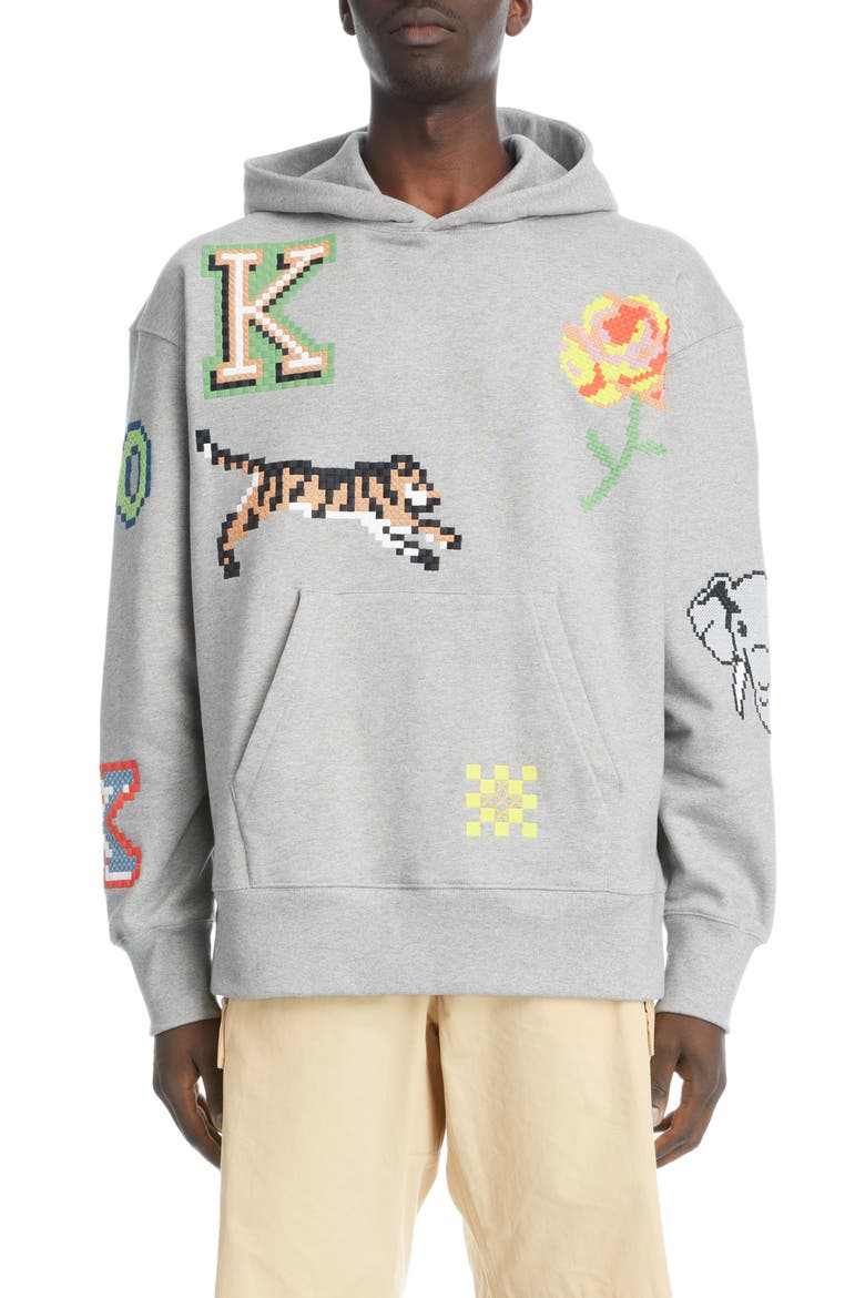 Oversize Embroidered Pixel Stretch Cotton Hoodie, Main, color, PEARL GREY