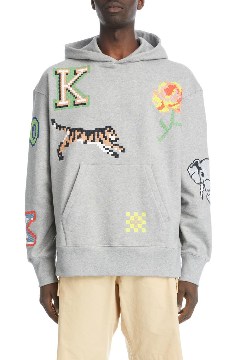 KENZO Oversize Embroidered Pixel Stretch Cotton Hoodie, Main, color, 