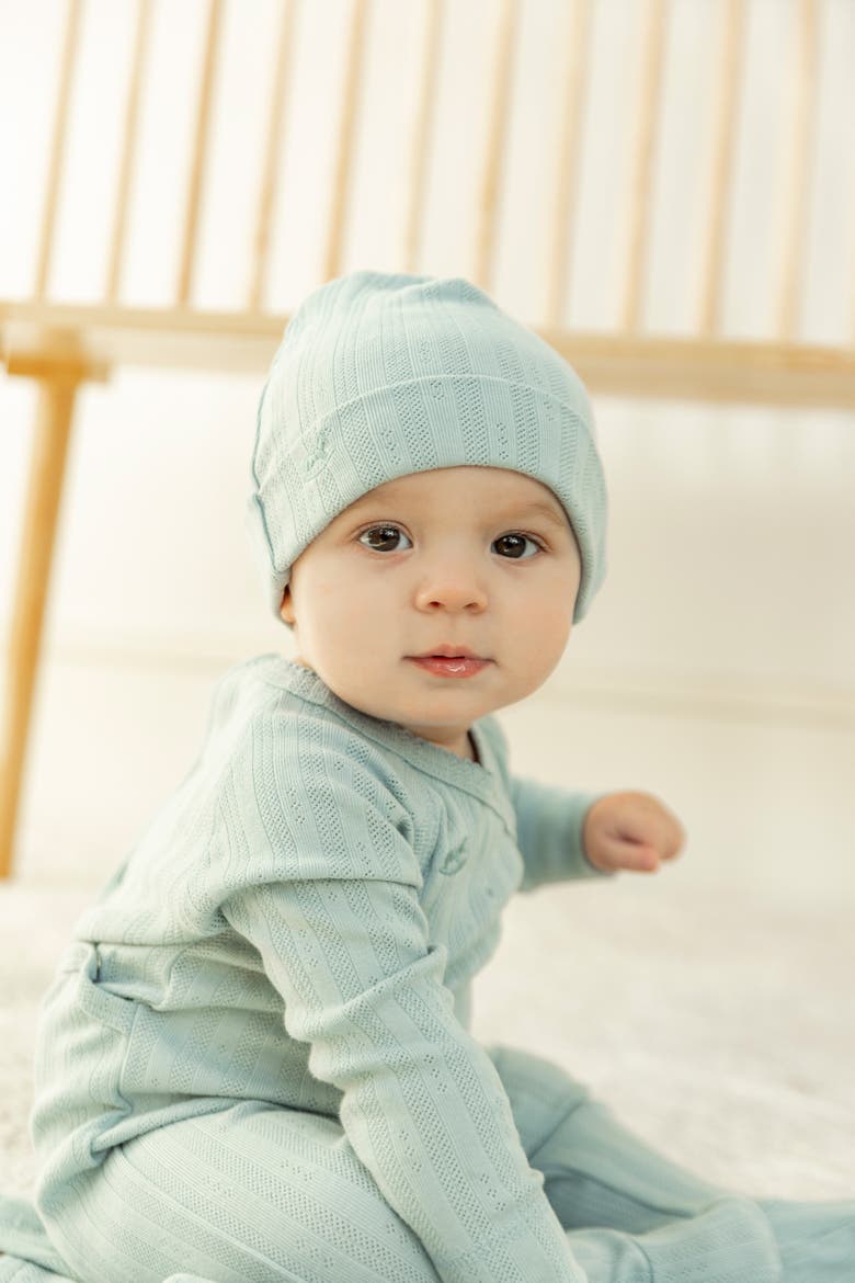 Pointelle Rib Wrap Romper and Matching Hat, Alternate, color, White