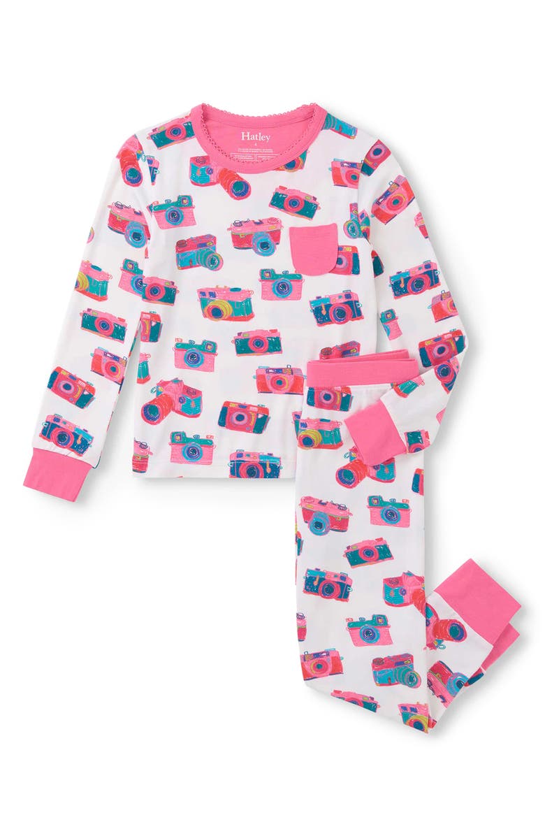 Hatley Kids' Sketchy Cameras Fitted Two-Piece Pajamas, Main, color, White