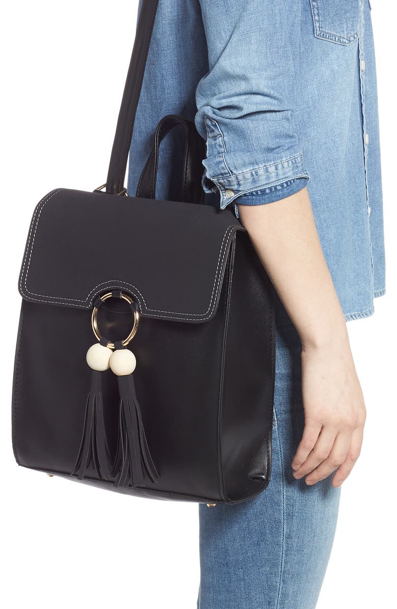 Knotty Beaded Tassel Faux Leather Backpack, Alternate, color,