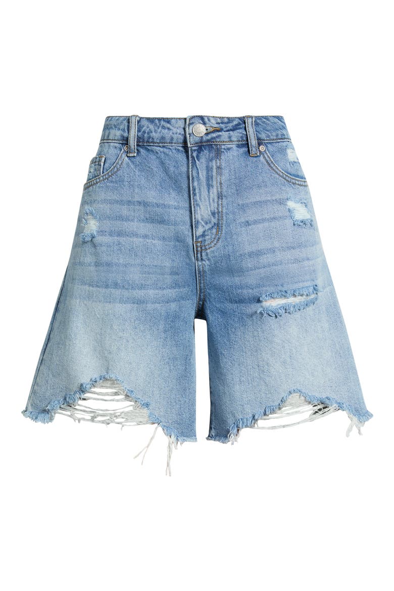 Distressed High Waist Raw Hem Denim Shorts, Alternate, color, MEDIUM INDIGO