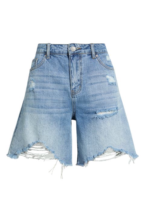 Distressed High Waist Raw Hem Denim Shorts