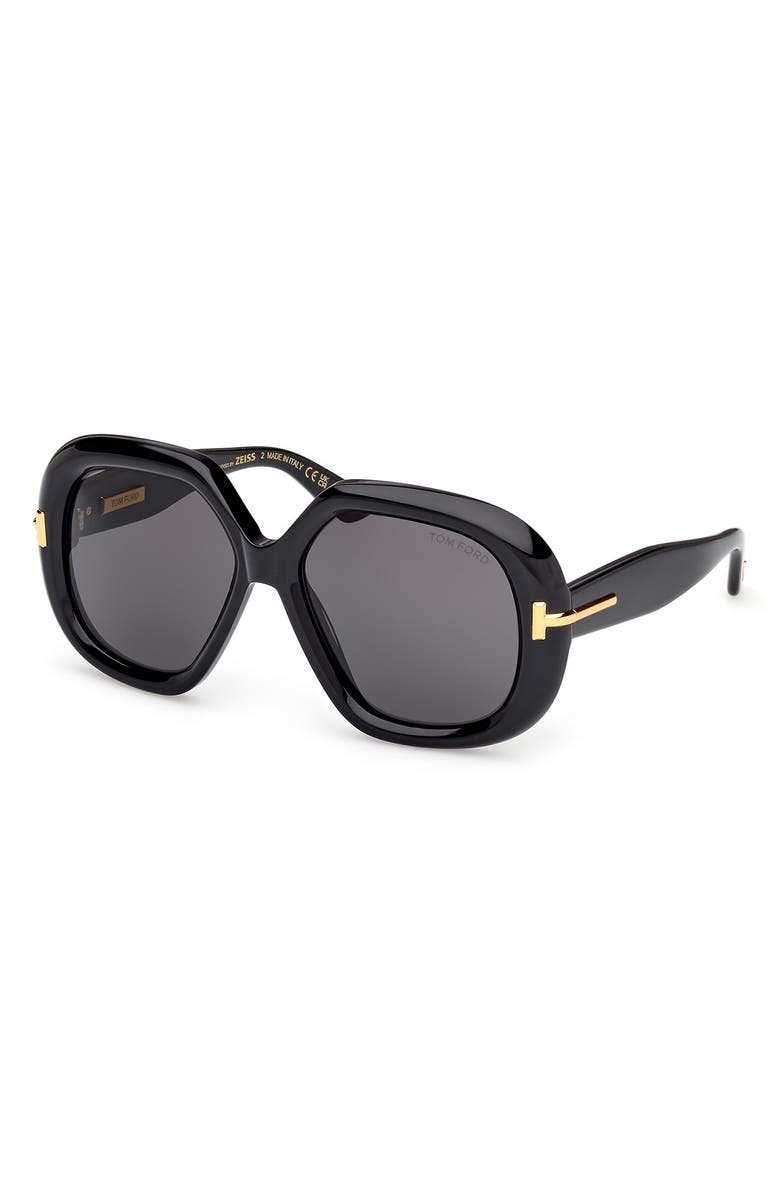 TOM FORD 56mm Geometric Sunglasses, Alternate, color, Shiny Black Beveled/ Smoke