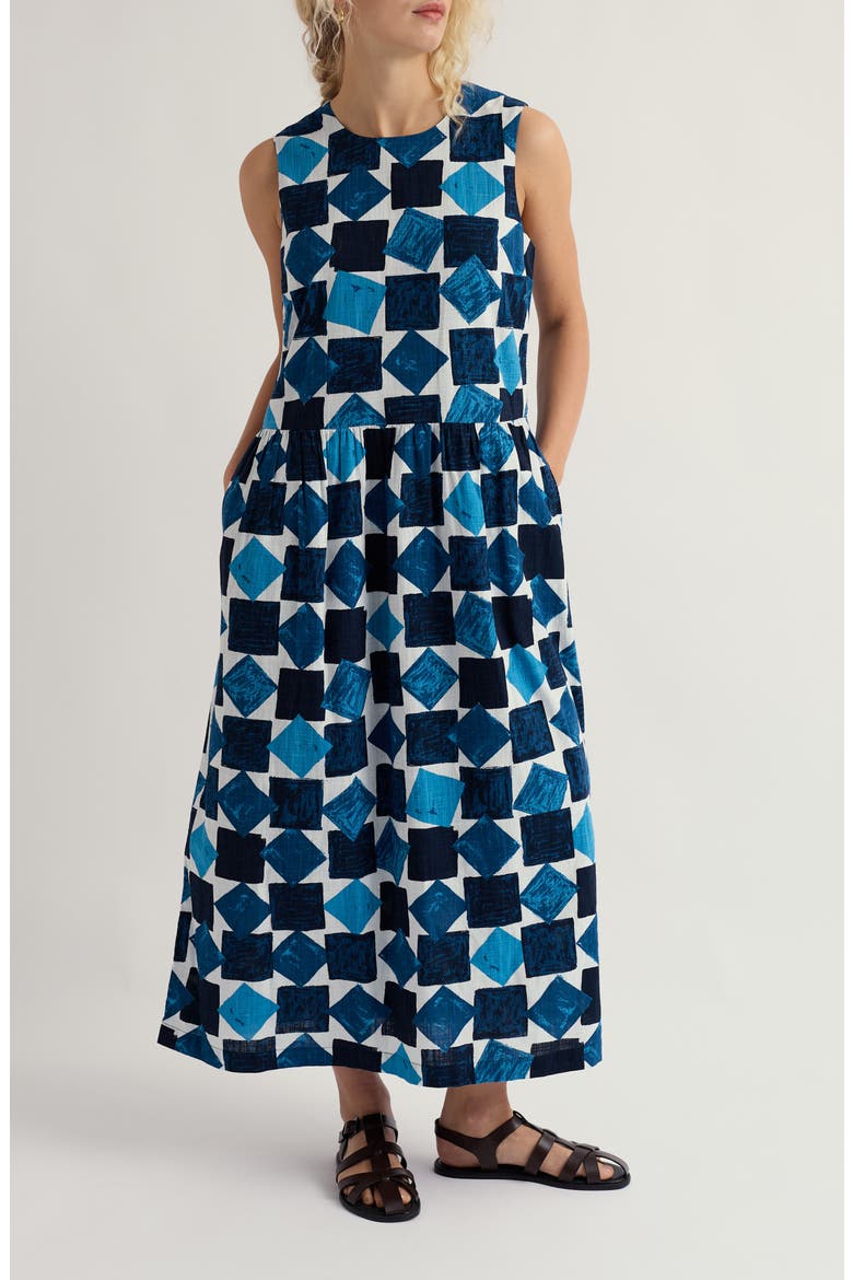 Brouse Geo Print Sleeveless Organic Cotton Midi Dress, Main, color, TUMBLED BLOCKS MARITIME