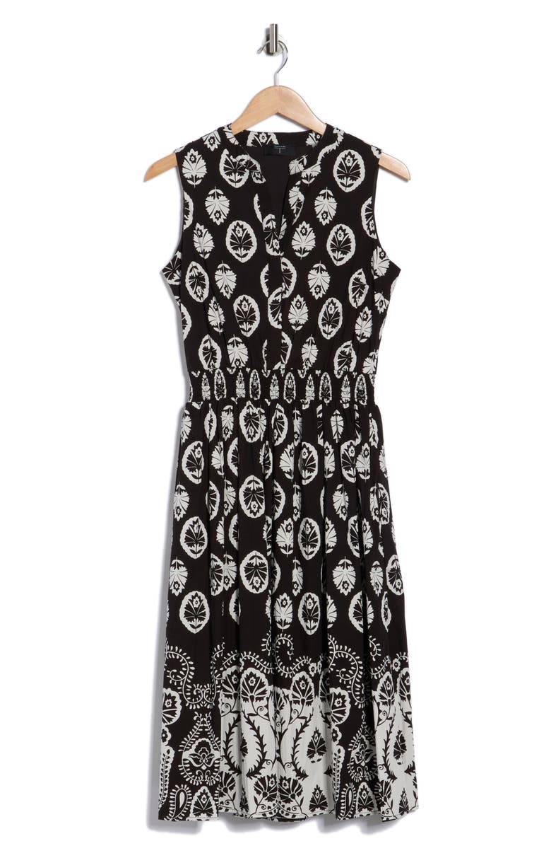 T Tahari Split Neck Sleeveless Midi Dress, Main, color, Medallion Placed Print Black