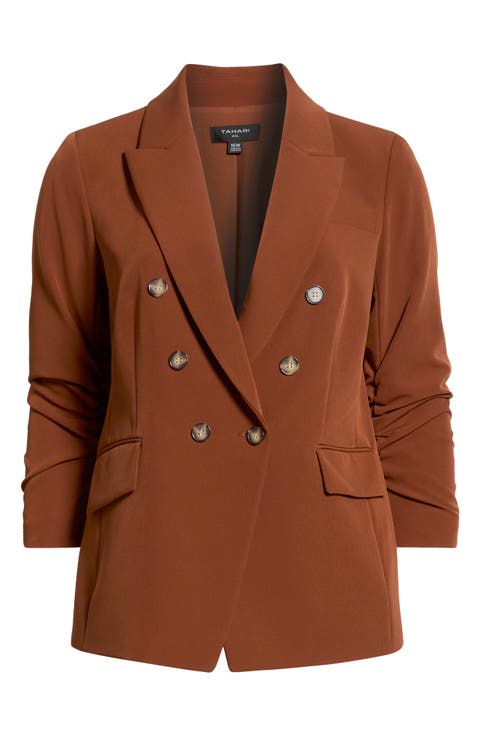 Ruched Sleeve Double Breasted Blazer (Plus)