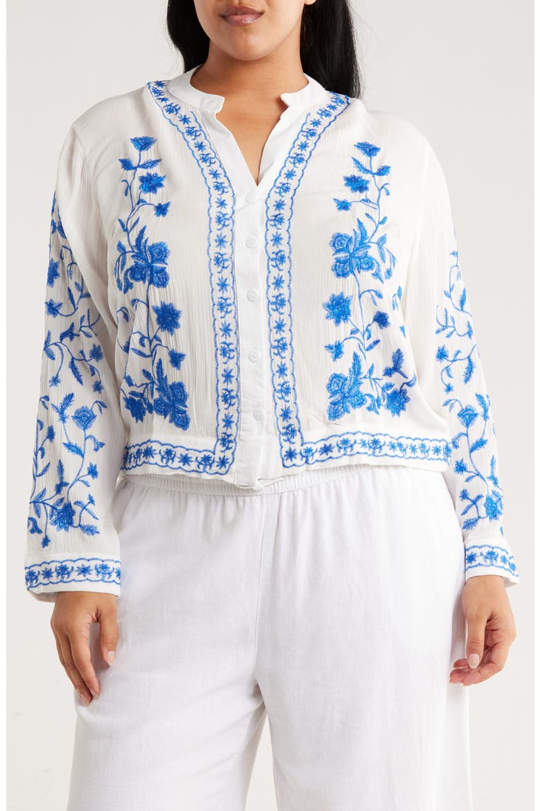 Embroidered Long Sleeve Button-Up Shirt, Main, color, WHITE/ ROYAL