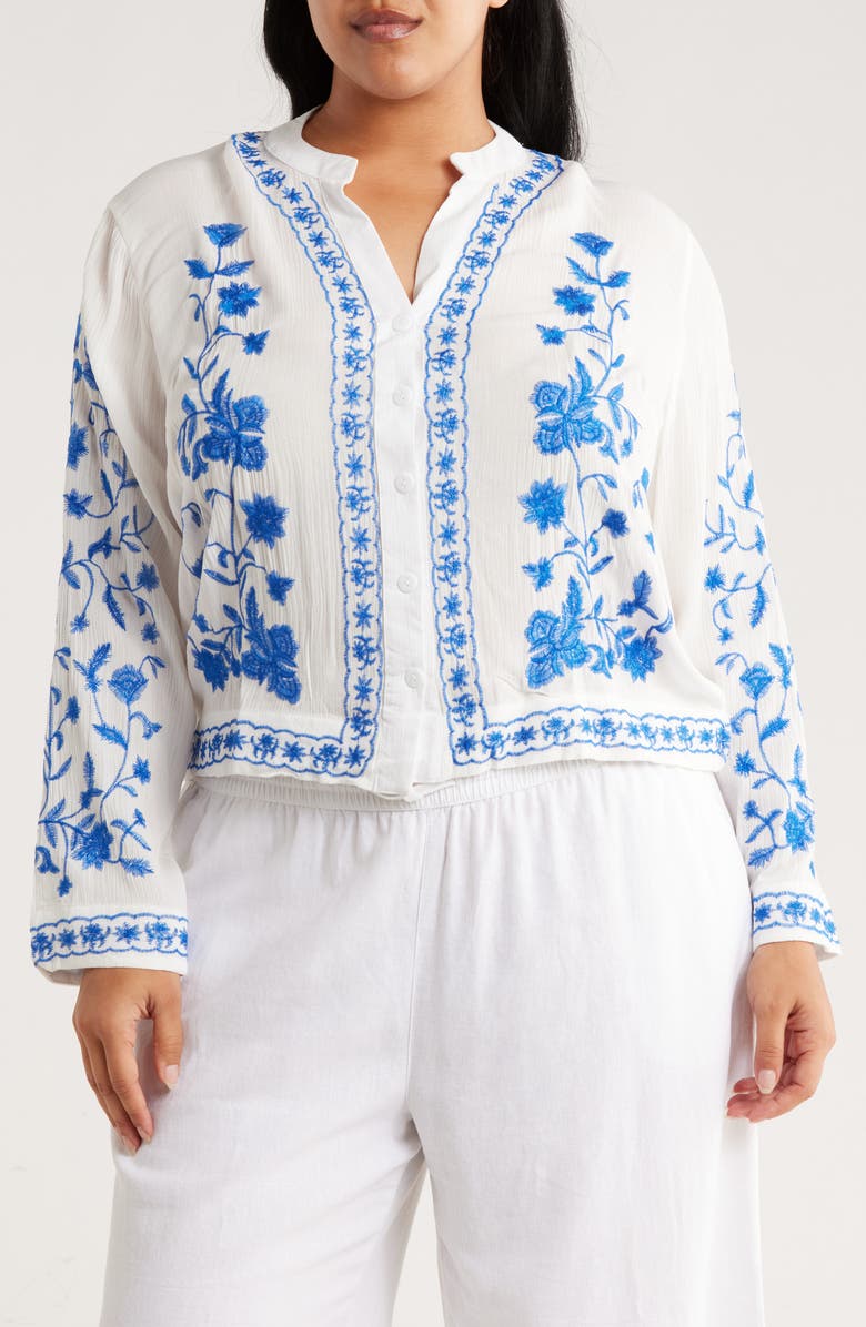 Forgotten Grace Embroidered Long Sleeve Button-Up Shirt, Main, color, White/ Royal