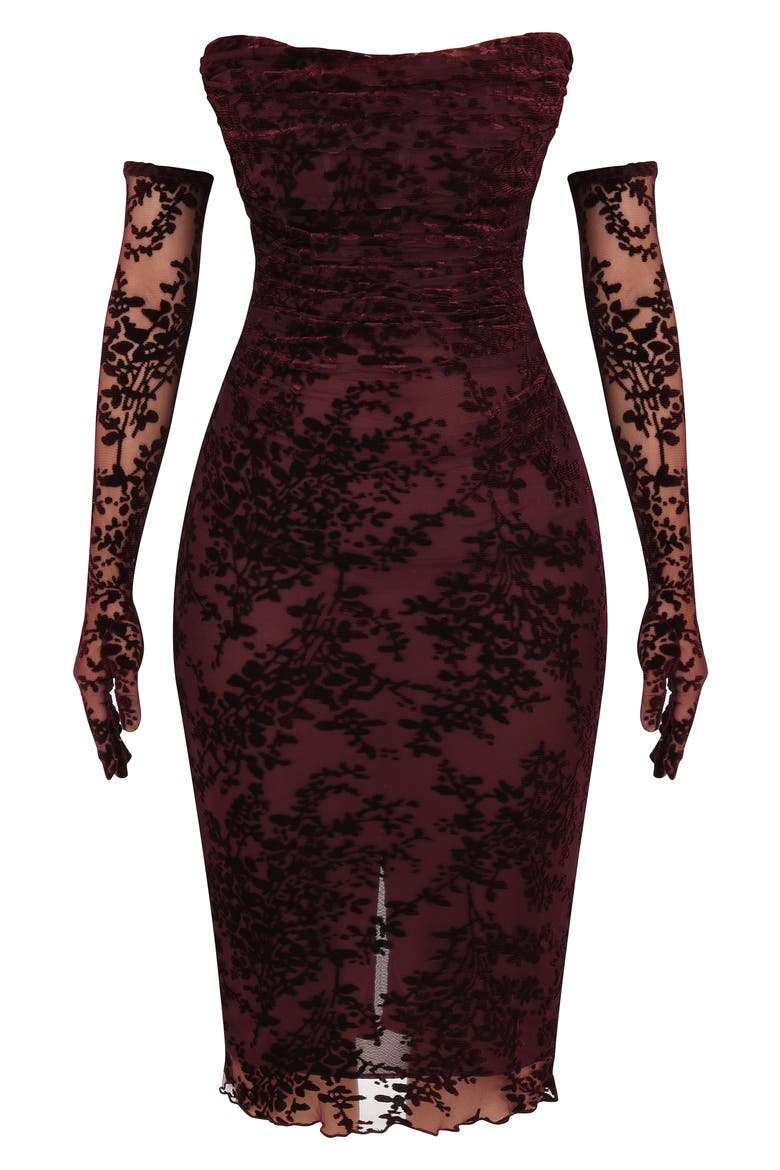 Isadora Strapless Corset Cocktail Dress & Gloves, Alternate, color, BROWN CHERRY
