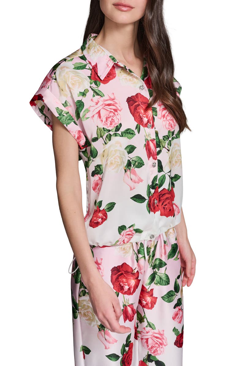 KARL LAGERFELD PARIS Placed Floral Satin Button-Up Shirt, Main, color, Cornelia Rose/ Sft Wht Multi