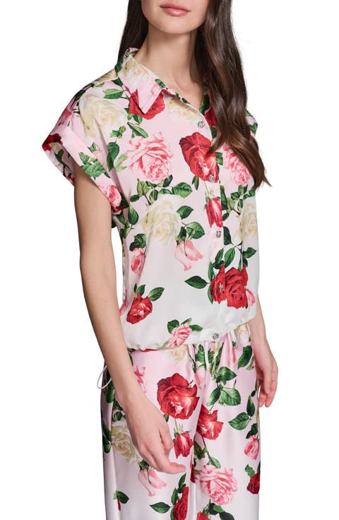 Placed Floral Satin Button-Up Shirt