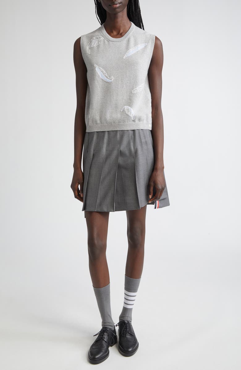 Thom Browne Feather Intarsia Cashmere Sweater Vest, Alternate, color, Pale Grey