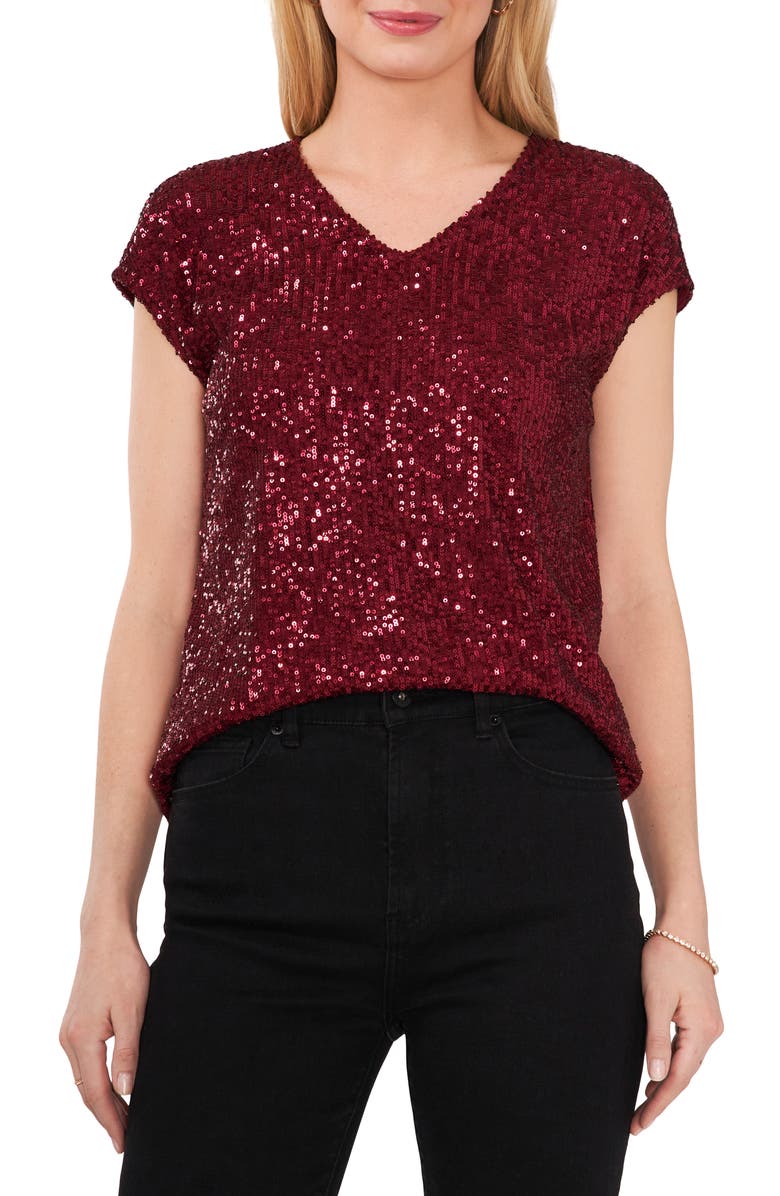 Vince Camuto Sequin Cap Sleeve Top, Main, color, Dark Wine