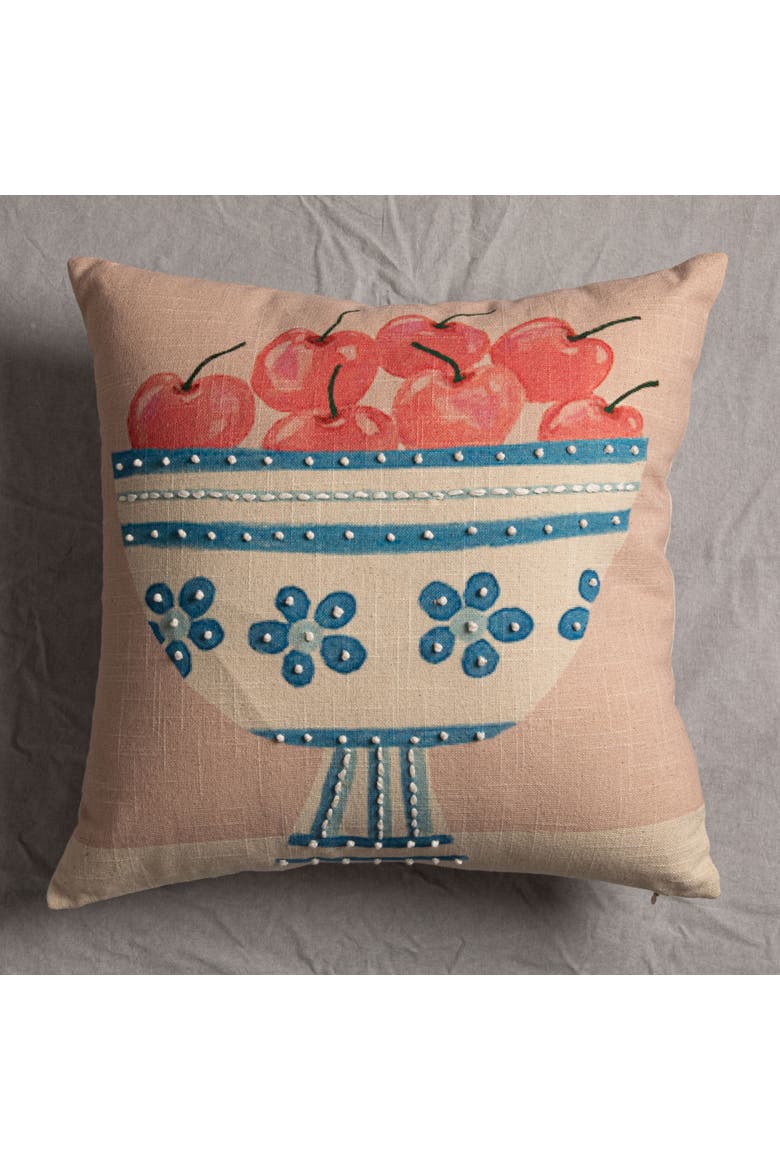 Cotton Printed Slub Pillow with Fruit Bowl, Embroidery and French Knots, Multicolor, Alternate, color, Pink
