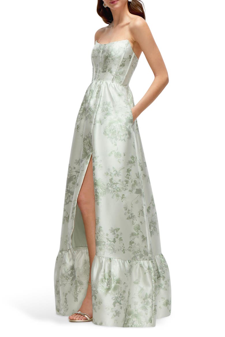 Floral Strapless Bustier Bodice Satin Gown, Alternate, color, SAGE COTTAGE ROSE