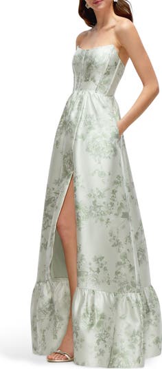 Floral Strapless Bustier Bodice Satin Gown