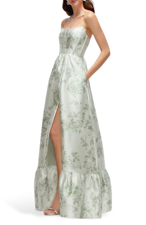 Dessy Collection Floral Strapless Bustier Bodice Satin Gown In Sage Cottage Rose