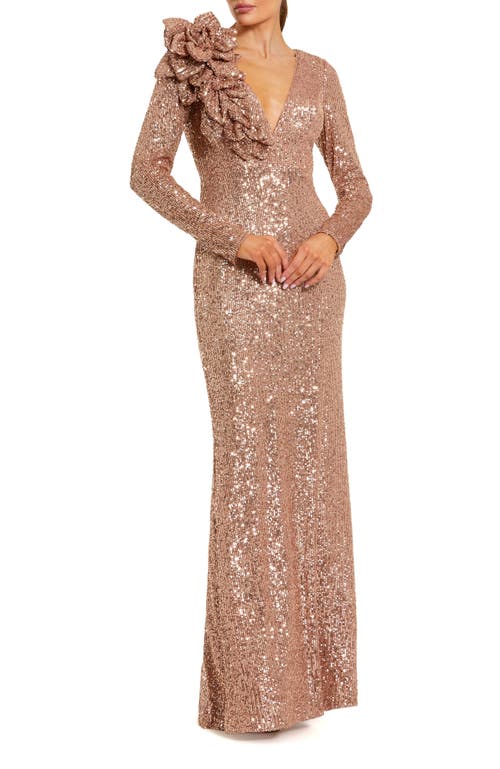 Mac Duggal Long Sleeve V Neck Sequin Gown With 3d Flower In Brown