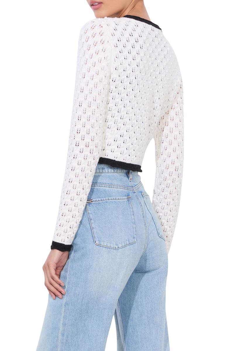 Alice + Olivia Dannie Bow Accent Open Stitch Cotton & Wool Cardigan, Alternate, color, Soft White/ Black