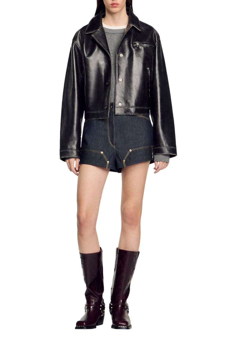 Distressed leather jacket, Alternate, color, Black