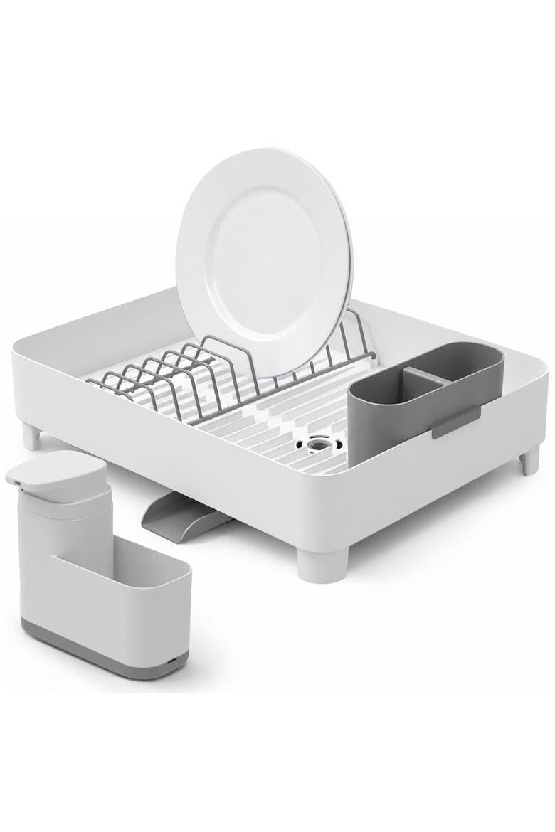 Space Saving Dish Drying Rack with Drainage Spout and 19 oz Liquid Soap Dispenser with Extended Sponge Holder Kitchen Sink Organizer Set, Main, color, White