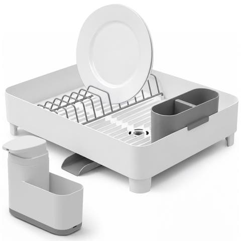 Space Saving Dish Drying Rack with Drainage Spout and 19 oz Liquid Soap Dispenser with Extended Sponge Holder Kitchen Sink Organizer Set