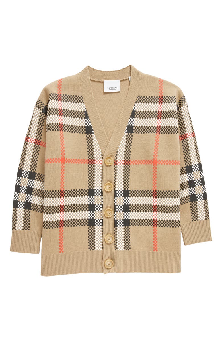 Burberry Kids' Johnny Check Wool Blend Cardigan, Main, color, 