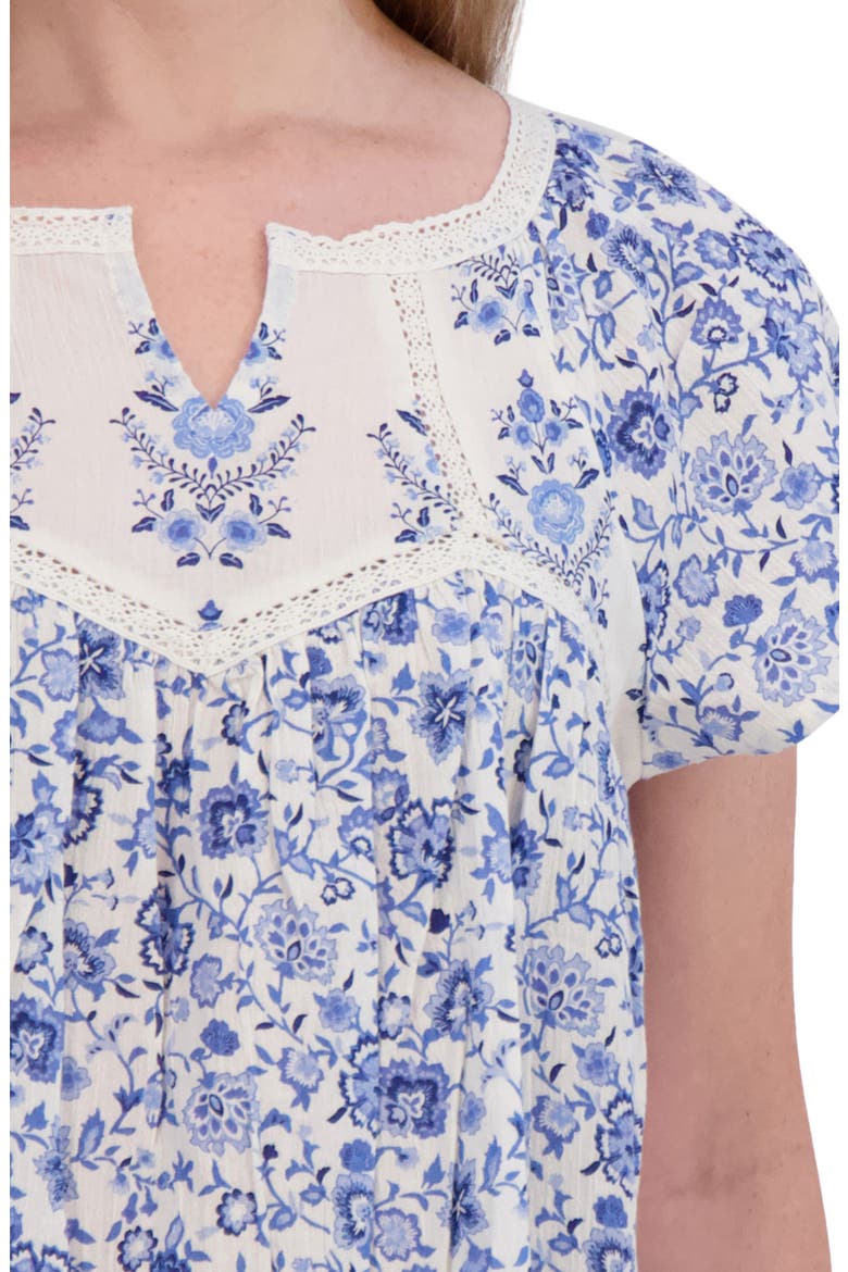 Floral Lace Trim Cotton Babydoll Top, Alternate, color, BLUE MULTI