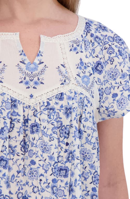 Lucky Brand Floral Lace Trim Cotton Babydoll Top In Blue Multi