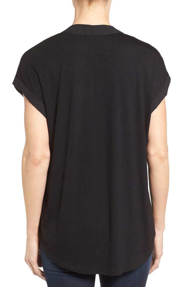 High/Low V-Neck Mixed Media Top, Alternate, color, BLACK