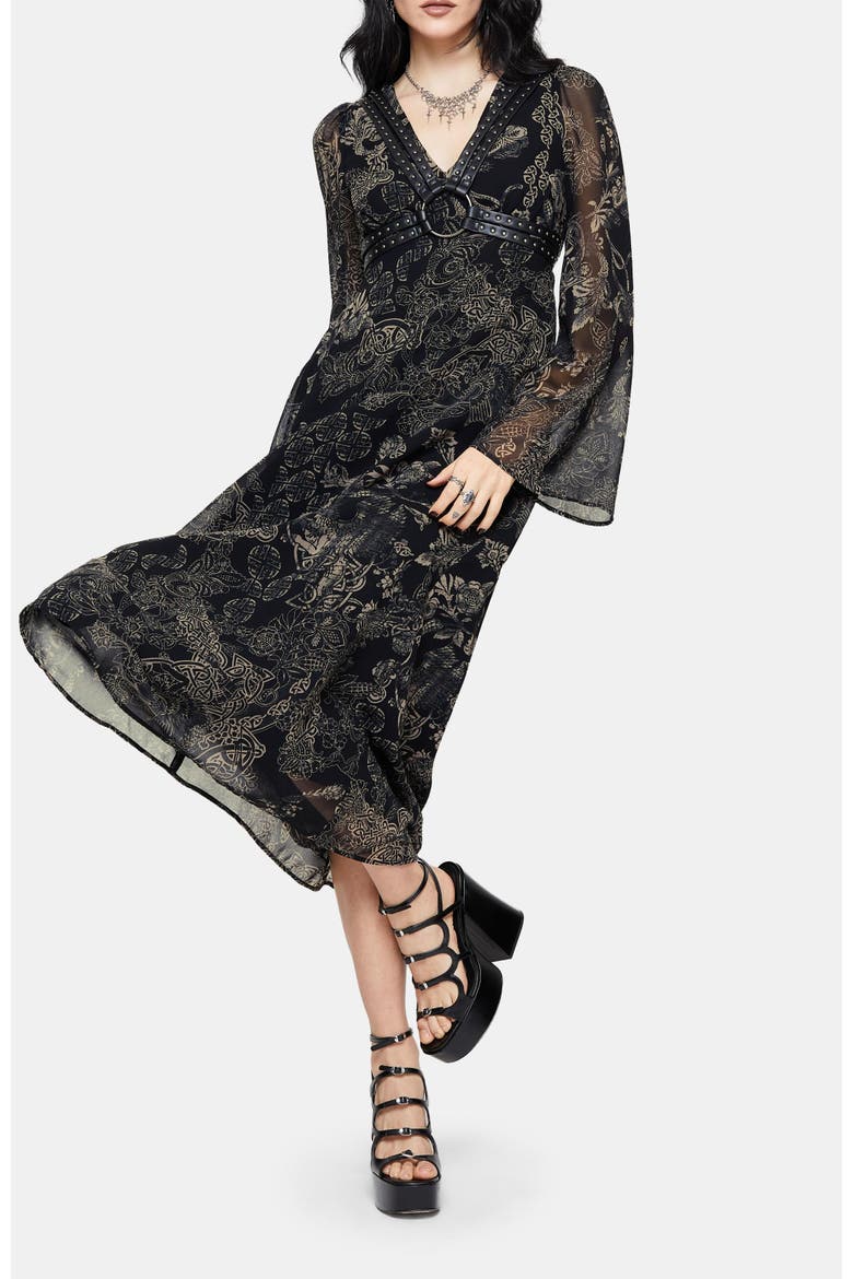 Surge Celtic Ruffle Neck Midi Dress, Main, color, Black