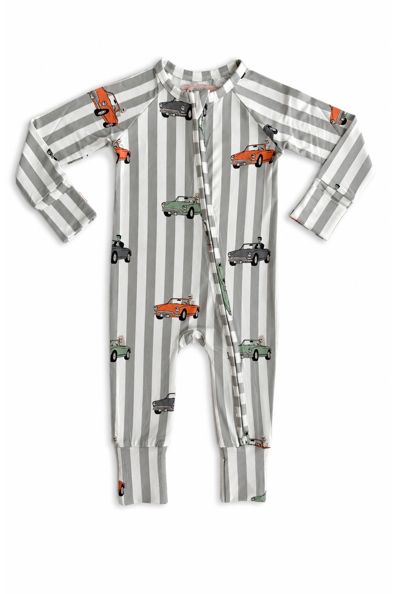 Spooky Little Riders Zipper Romper, Main, color, Grey Stripe