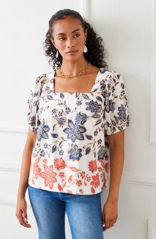 Karen Kane Puff Sleeve Square Neck Poplin Print Top In Multi In White Floral Print