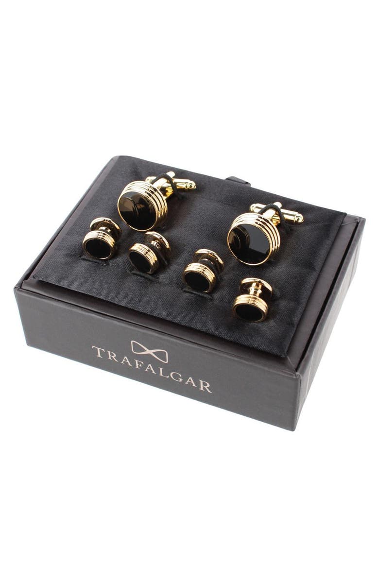 Trafalgar Xaviar Ring Detailed Circular Cufflink Stud Set, Alternate, color, Gold With Onyx