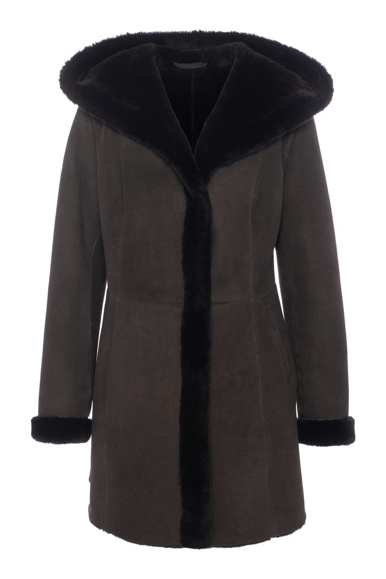 Merino Shearling Hooded Coat, Alternate, color, DARK BROWN