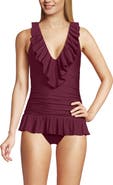 Lands' End Ruffle Plunge Skirted High Leg One Piece