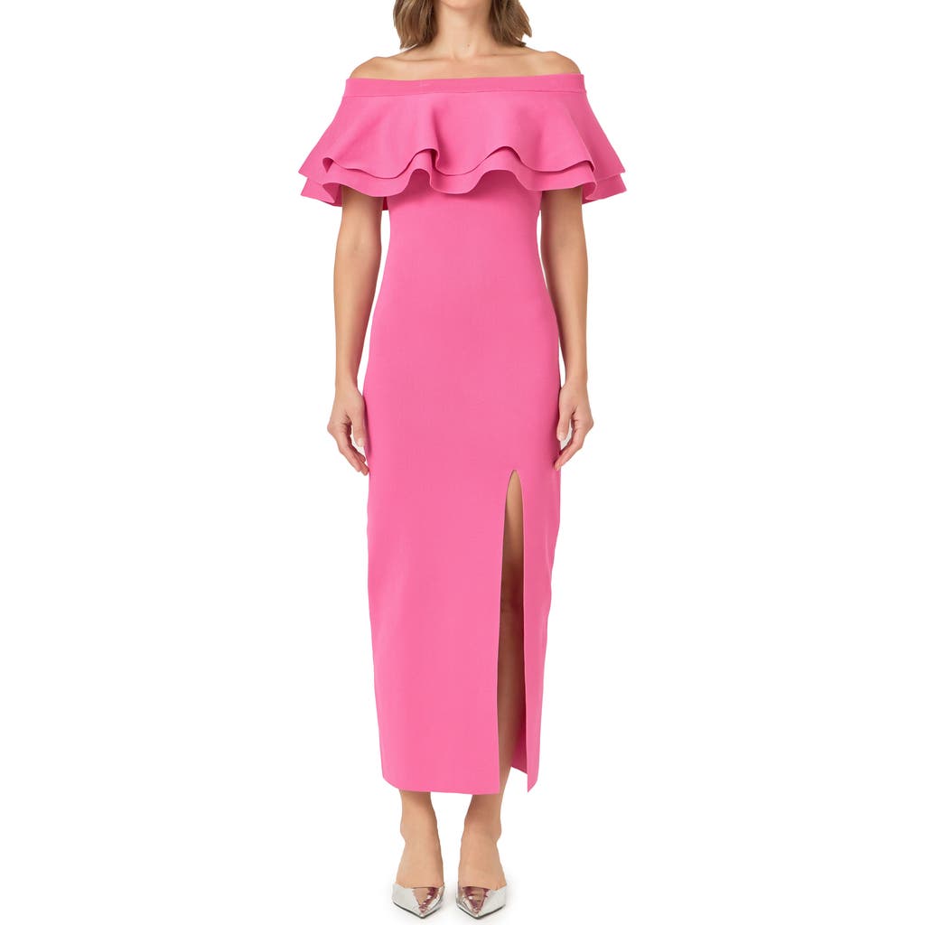 Shop Endless Rose Off The Shoulder Ruffle Maxi Sweater Dress In Orchid