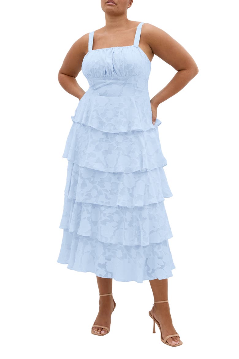 Daniela Tiered Ruffle Sleeveless Midi Dress, Main, color, SKY BLUE