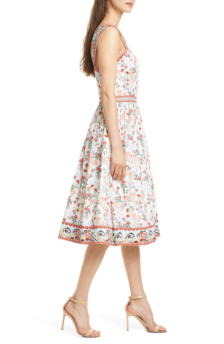 Alice + Olivia Portia Floral Sweetheart Neck Stretch Cotton Midi Dress, Alternate, color, 