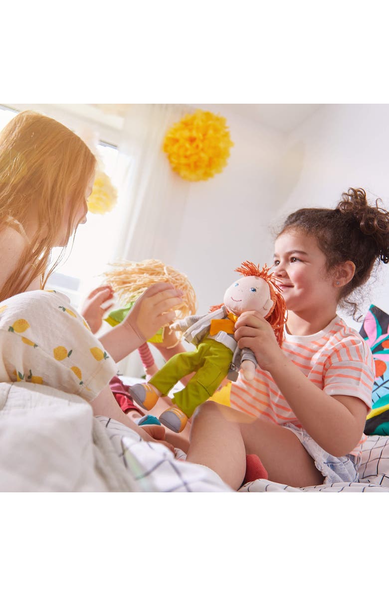 HABA 12" Soft Doll Soley with Red Hair and Embroidered Face, Machine Washable Baby Doll with Clothes and Baby Dolls for 18 months and up, Alternate, color, Green Multi