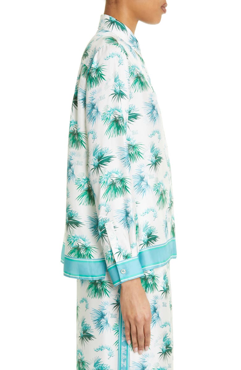 Max Mara Svago Tropical Floral Silk Button-Up Shirt, Alternate, color, Turquoise
