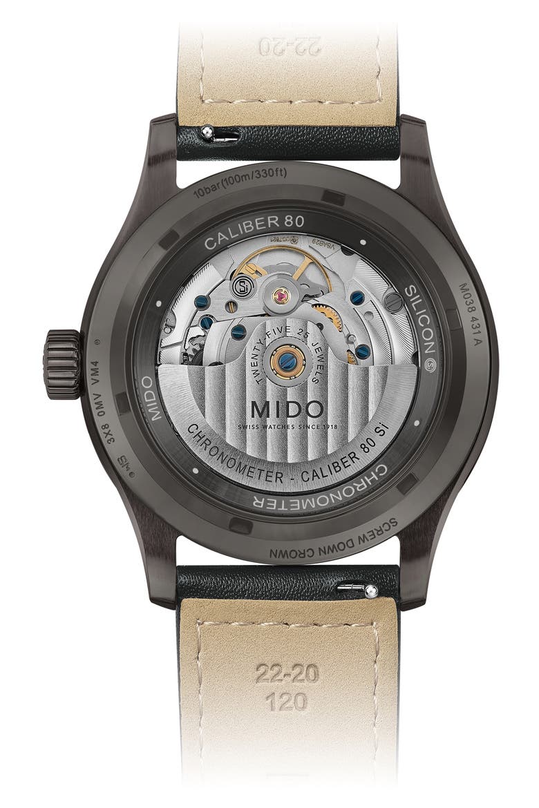 Multifort Automatic Leather Strap Watch, 42mm, Alternate, color, BLACK / GREY