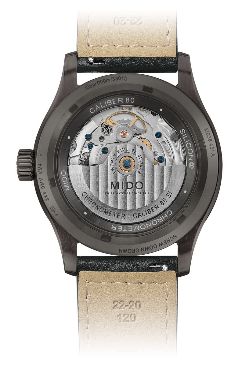 MIDO Multifort Automatic Leather Strap Watch, 42mm, Alternate, color, Black / Grey
